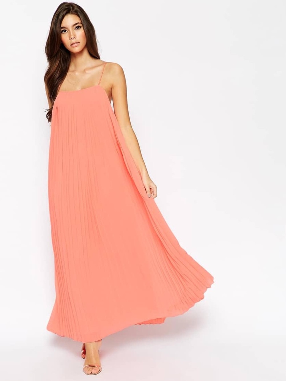 NWT ASOS Petite Coral Pleated Maxi Dress with Spaghetti Straps